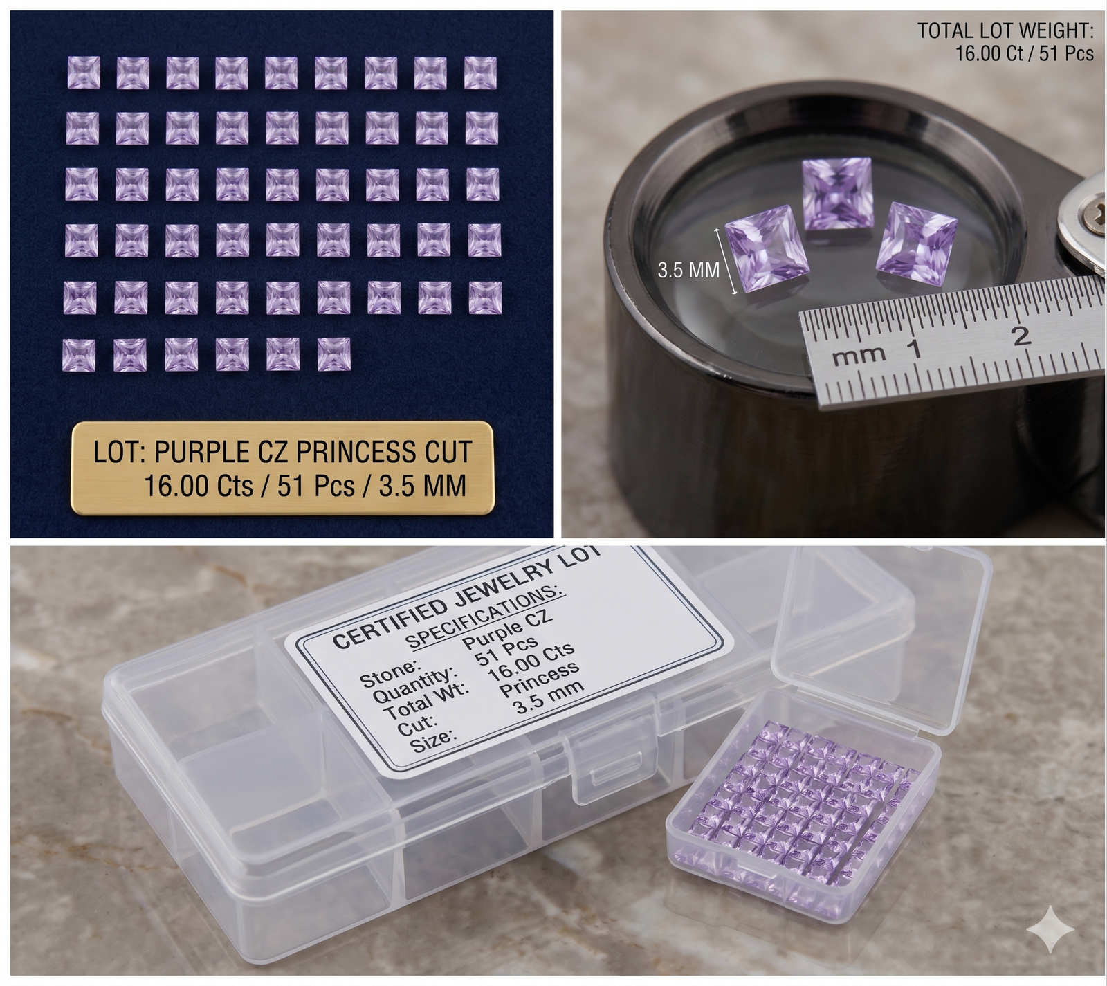 Purple Synthetic CZ Stones Princess Cut 16.00 Cts 51 Pcs 3.5 MM - Image 9