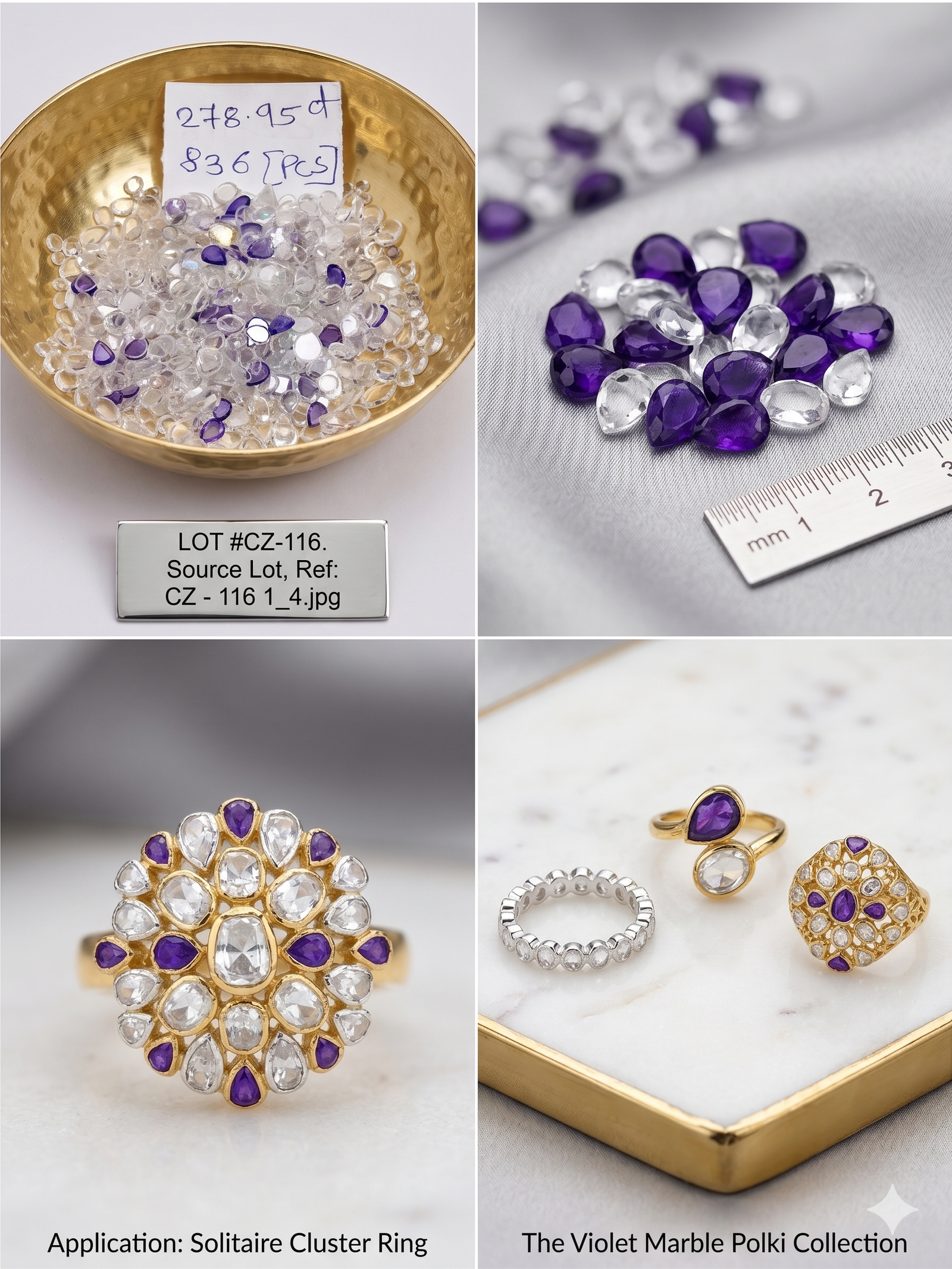 White Purple Synthetic CZ Stones Polki 278.95 Cts 836 Pcs Uncut 3-8 MM - Image 8